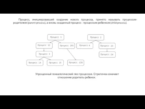 Упрощенный генеалогический лес процессов. Стрелочка означает отношение родитель-ребенок. Процесс, инициировавший создание нового процесса,