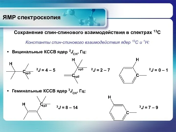 ЯМР спектроскопия Сохранение спин-спинового взаимодействия в спектрах 13С Константы спин-спинового