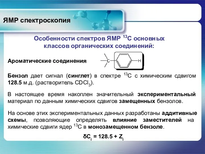 ЯМР спектроскопия Особенности спектров ЯМР 13С основных классов органических соединений: