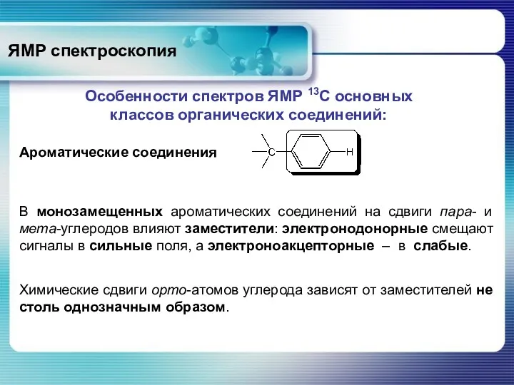 ЯМР спектроскопия Особенности спектров ЯМР 13С основных классов органических соединений: