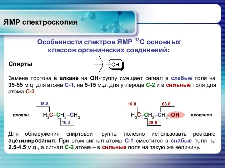 ЯМР спектроскопия Особенности спектров ЯМР 13С основных классов органических соединений: