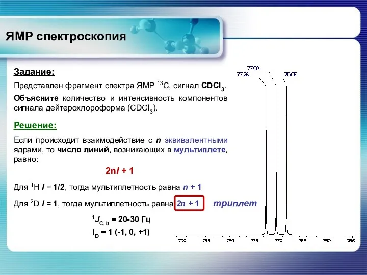 ЯМР спектроскопия Задание: Представлен фрагмент спектра ЯМР 13С, сигнал CDCl3.