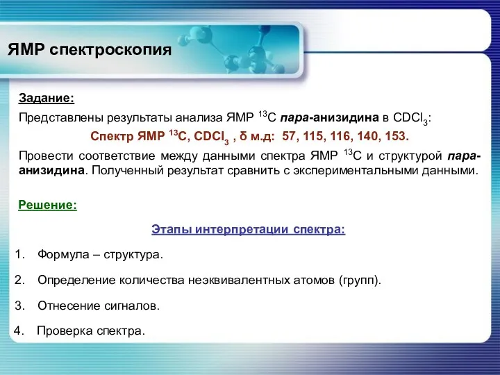 ЯМР спектроскопия Задание: Представлены результаты анализа ЯМР 13С пара-анизидина в