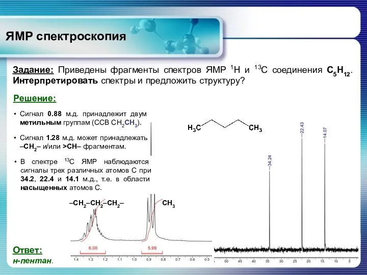 ЯМР спектроскопия Задание: Приведены фрагменты спектров ЯМР 1Н и 13С