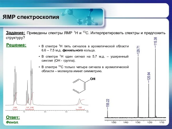 ЯМР спектроскопия Задание: Приведены спектры ЯМР 1Н и 13С. Интерпретировать