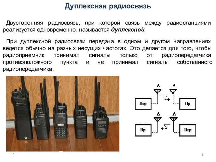 Дуплексная радиосвязь Двусторонняя радиосвязь, при которой связь между радиостан­циями реализуется одновременно, называется дуплексной.