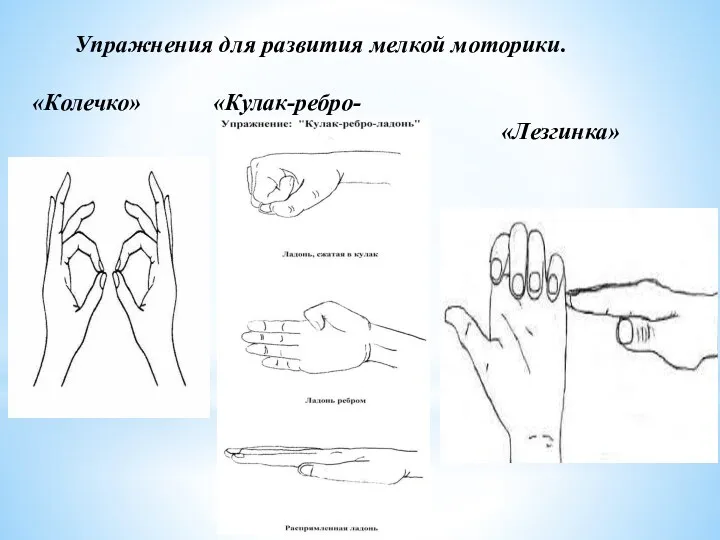 Упражнения для развития мелкой моторики. «Колечко» «Кулак-ребро- ладонь» «Лезгинка»