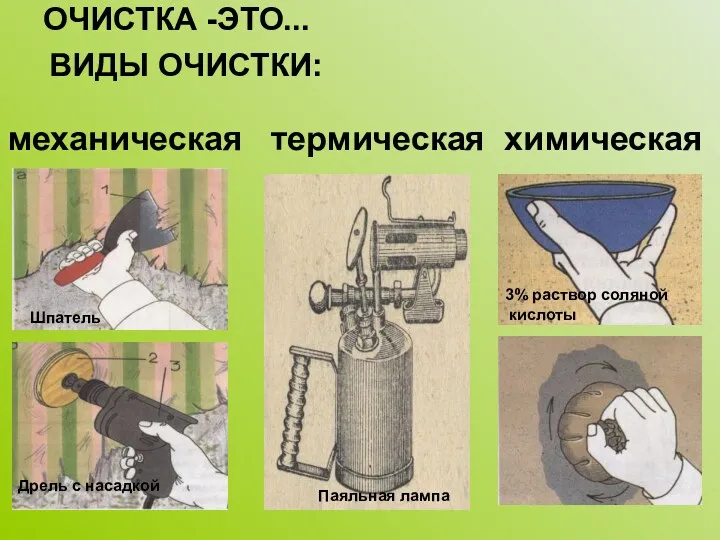 ОЧИСТКА -ЭТО... ВИДЫ ОЧИСТКИ: механическая термическая химическая Дрель с насадкой