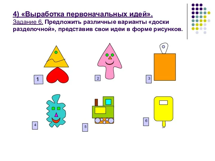 4) «Выработка первоначальных идей». Задание 6. Предложить различные варианты «доски