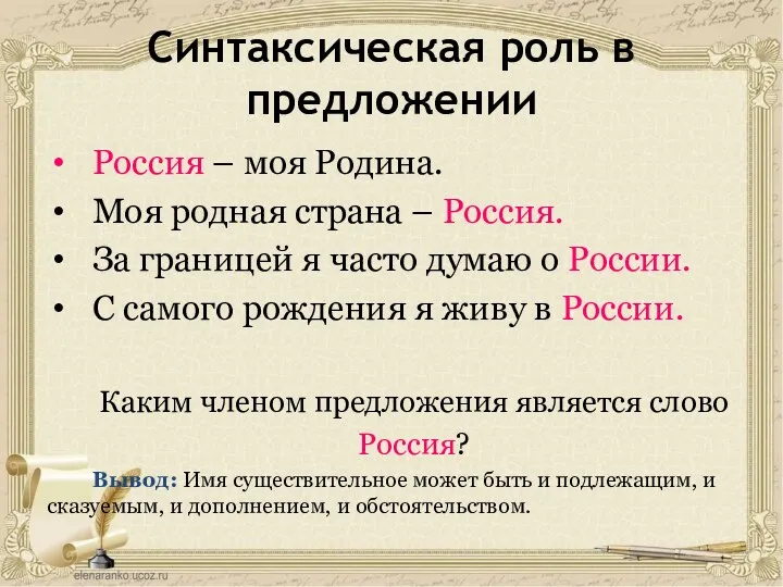 Синтаксическая роль в предложении Россия – моя Родина. Моя родная страна – Россия.