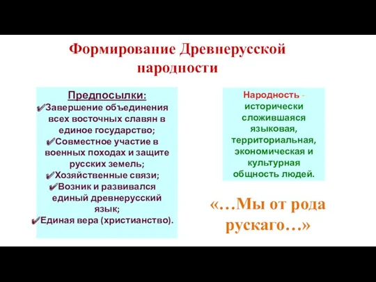 Формирование Древнерусской народности Предпосылки: Завершение объединения всех восточных славян в