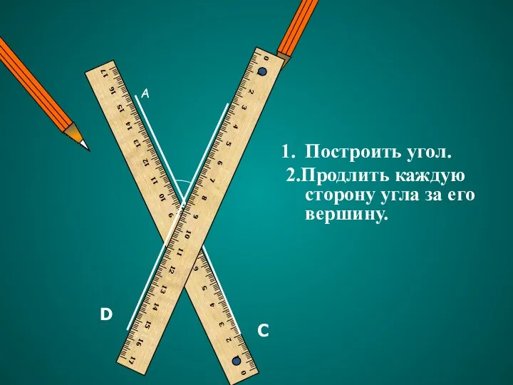 C D Построить угол. 2.Продлить каждую сторону угла за его вершину.