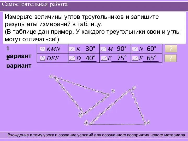 Самостоятельная работа Вхождение в тему урока и создание условий для