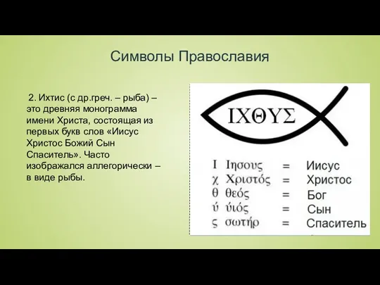 Символы Православия 2. Ихтис (с др.греч. – рыба) – это