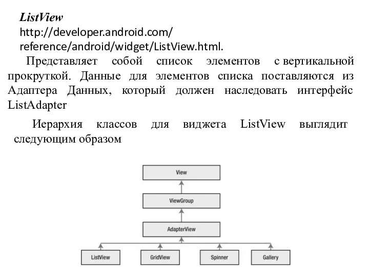 ListView http://developer.android.com/ reference/android/widget/ListView.html. Представляет собой список элементов с вертикальной прокруткой. Данные для элементов