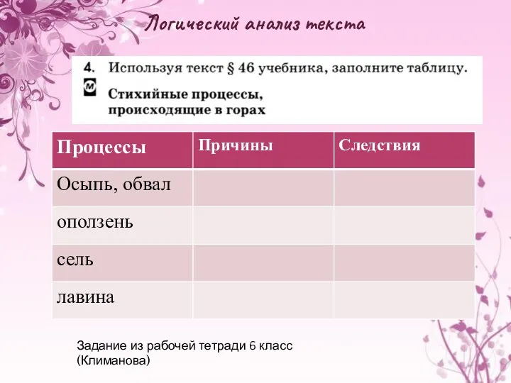 Логический анализ текста Задание из рабочей тетради 6 класс (Климанова)