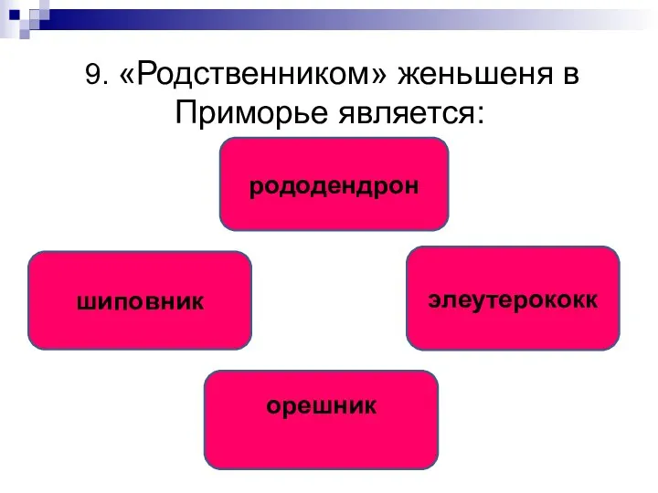 9. «Родственником» женьшеня в Приморье является: элеутерококк рододендрон шиповник орешник