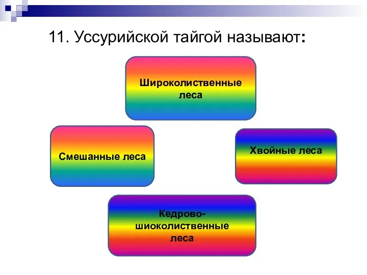 11. Уссурийской тайгой называют: Кедрово-шиоколиственные леса Широколиственные леса Смешанные леса Хвойные леса