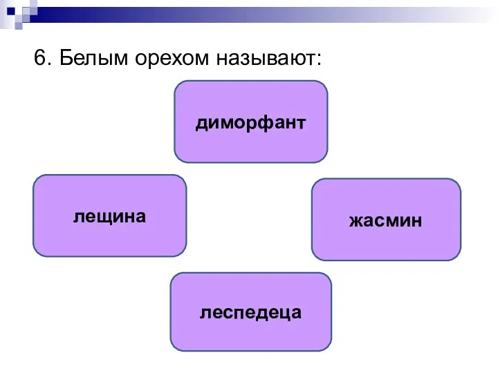 6. Белым орехом называют: диморфант жасмин лещина леспедеца