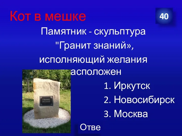 Кот в мешке Памятник - скульптура "Гранит знаний», исполняющий желания расположен 1. Иркутск