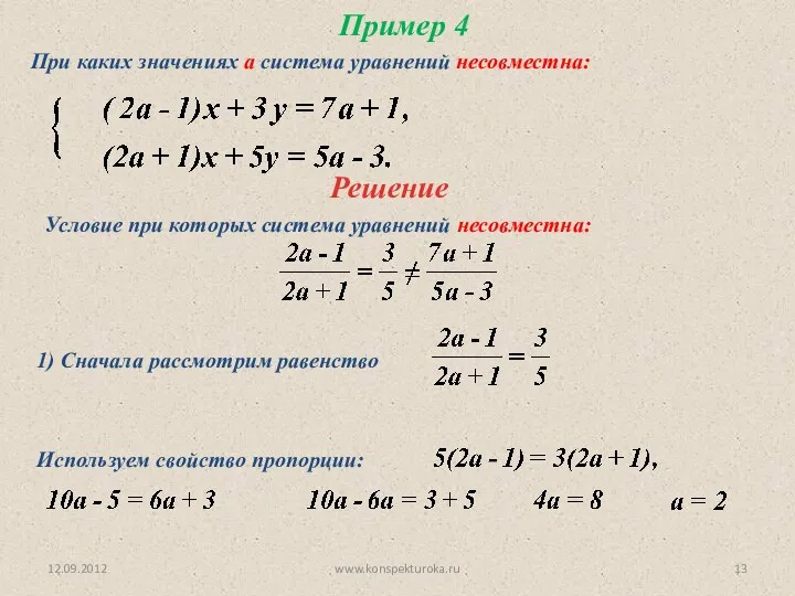 12.09.2012 www.konspekturoka.ru Пример 4 При каких значениях а система уравнений несовместна: Решение Условие
