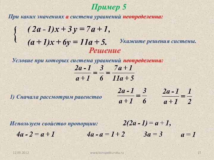 12.09.2012 www.konspekturoka.ru Пример 5 При каких значениях а система уравнений неопределенна: Решение Условие