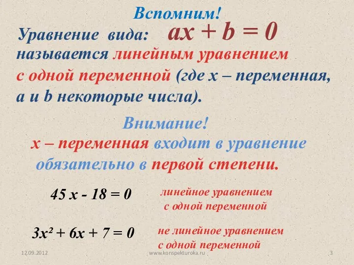 12.09.2012 www.konspekturoka.ru Уравнение вида: aх + b = 0 называется линейным уравнением с