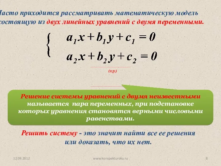 12.09.2012 www.konspekturoka.ru Часто приходится рассматривать математическую модель состоящую из двух линейных уравнений с
