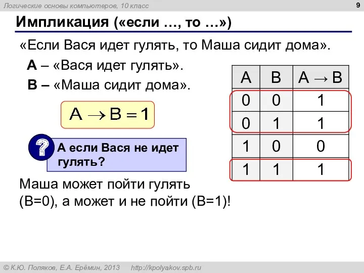 Импликация («если …, то …») «Если Вася идет гулять, то