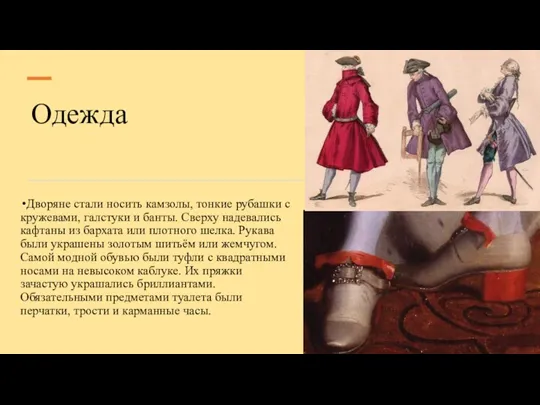 Одежда Дворяне стали носить камзолы, тонкие рубашки с кружевами, галстуки