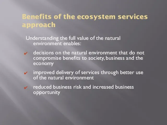 Benefits of the ecosystem services approach Understanding the full value