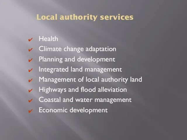Local authority services Health Climate change adaptation Planning and development