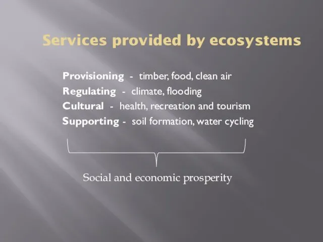 Services provided by ecosystems Provisioning - timber, food, clean air