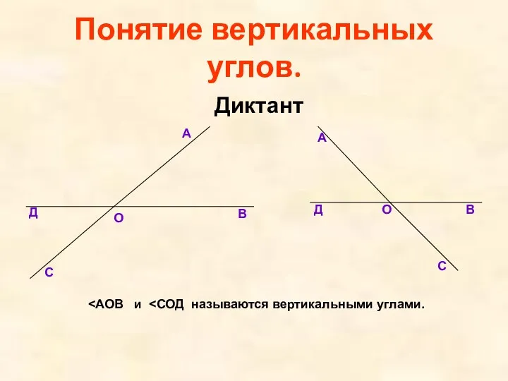 Понятие вертикальных углов. Диктант А О В А О В С Д Д С