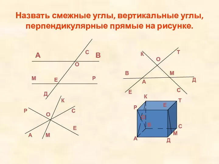 Назвать смежные углы, вертикальные углы, перпендикулярные прямые на рисунке. А