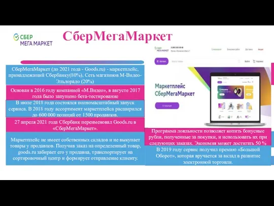 СберМегаМаркет СберМегаМаркет (до 2021 года - Goods.ru) - маркетплейс, принадлежащий