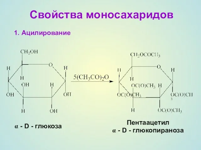 1. Ацилирование Свойства моносахаридов α - D - глюкоза Пентаацетил α - D - глюкопираноза
