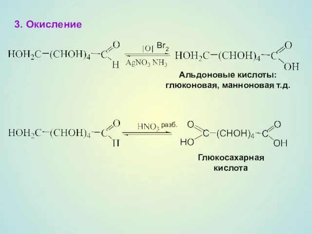 3. Окисление Альдоновые кислоты: глюконовая, манноновая т.д. Br2 разб. Глюкосахарная кислота