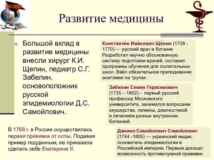 Развитие медицины Большой вклад в развитие медицины внесли хирург К.И.