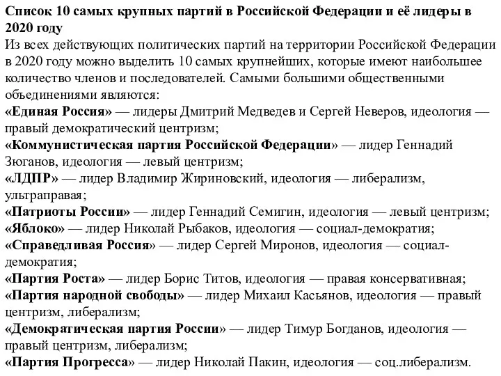 Список 10 самых крупных партий в Российской Федерации и её лидеры в 2020
