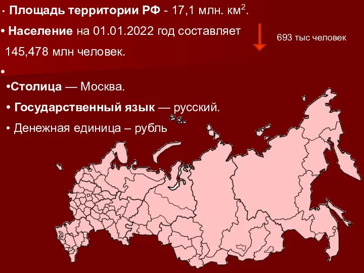 Площадь территории РФ - 17,1 млн. км2. Население на 01.01.2022