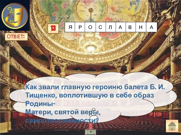 ОТВЕТ: Как звали главную героиню балета Б. И. Тищенко, воплотившую