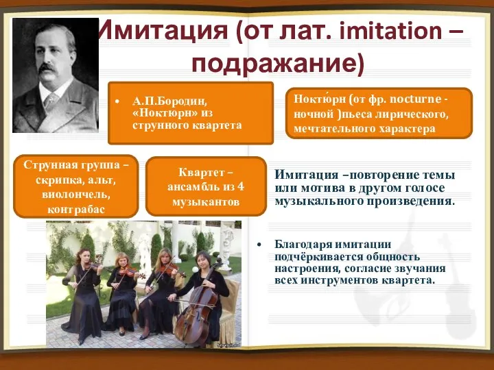 Имитация (от лат. imitation –подражание) А.П.Бородин, «Ноктюрн» из струнного квартета