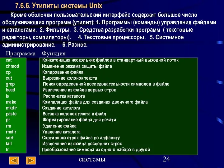 Операционные системы 7.6.6. Утилиты системы Unix Кроме оболочки пользовательский интерфейс