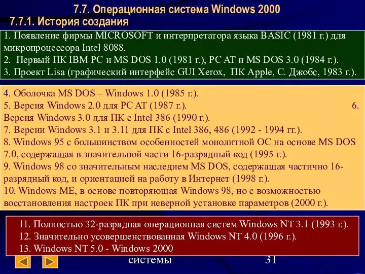 Операционные системы 7.7.1. История создания 7.7. Операционная система Windows 2000