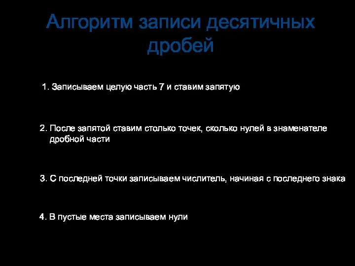 Алгоритм записи десятичных дробей 1. Записываем целую часть 7 и