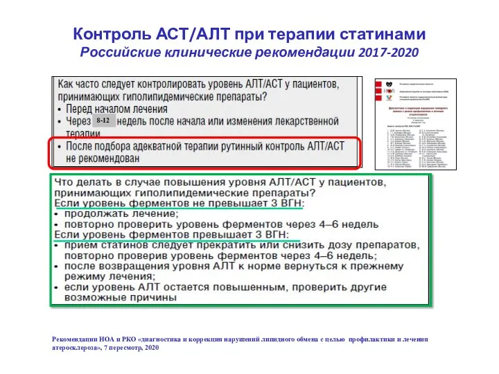 Контроль АСТ/АЛТ при терапии статинами Российские клинические рекомендации 2017-2020 Рекомендации НОА и РКО