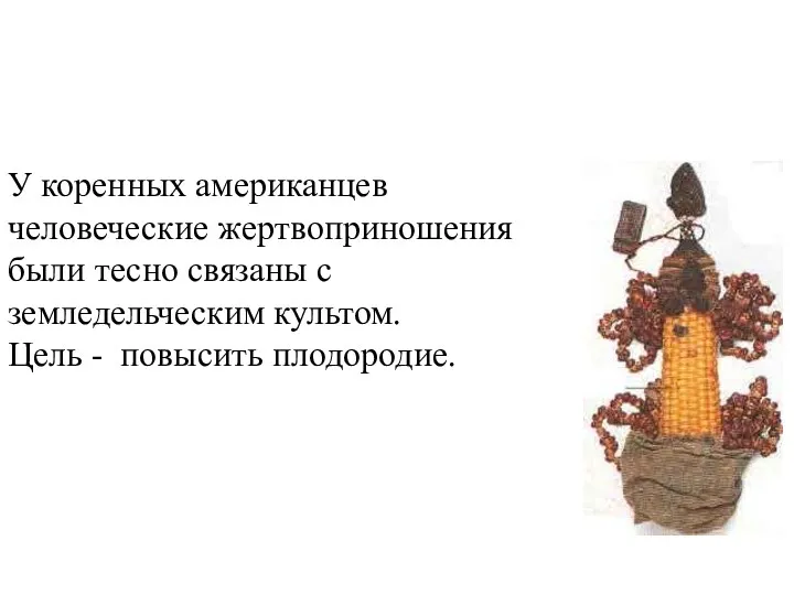 У коренных американцев человеческие жертвоприношения были тесно связаны с земледельческим культом. Цель - повысить плодородие.