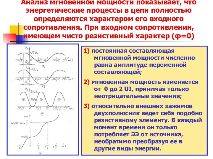 Анализ мгновенной мощности показывает, что энергетические процессы в цепи полностью