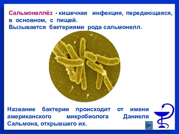 Сальмонеллёз - кишечная инфекция, передающаяся, в основном, с пищей. Вызывается